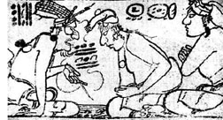 Un dios (izquierda) ensea a los hombres el arte de pintar y esculpir en esta imagen proporcionada por el arquelogo Toms Prez Surez, ponente en el simposio acerca de los mayas que culmin ayer