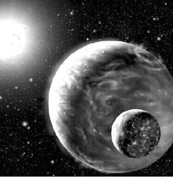 Recreacin artstica del enorme mundo que tiene el doble de dimetro y ocho veces la masa de Jpiter, descubierto por cientficos britnicos y estadunidenses y que se sita a 55 aos-luz de la Tierra n Foto: Ap