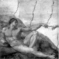 El arte body-building de Miguel Angel Buonarroti, en un fragmento del fresco La creacin de Adn de la bveda de la Capilla Sixtina, segn la muestra que se exhibe en el Museo del Louvre, en Pars