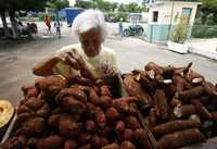 Venta de yuca, alimento muy popular en Cuba, en un mercado de La Habana que expende alimentos de productores privados